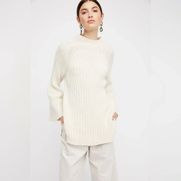 Free People Begin Again Mock Neck Cream Knit Jumper Sweater Small - Picture 2 of 14